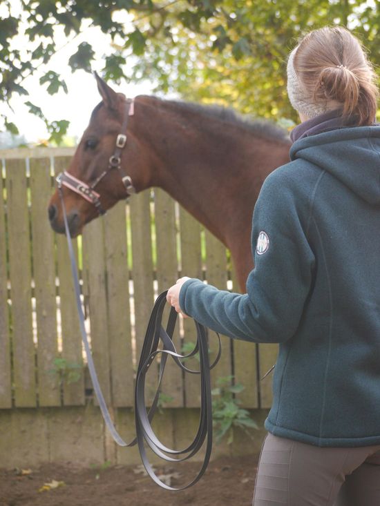 Mädchen longiert Pferd mit schwarzer Biothane Longe